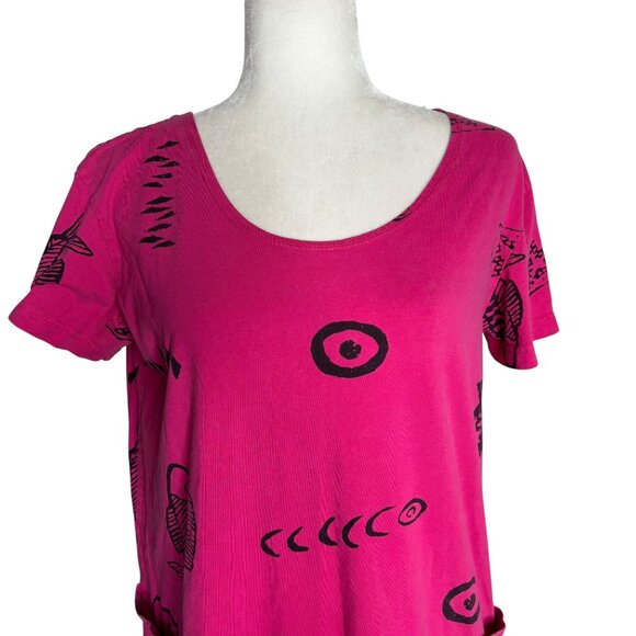Vintage 90s Graphic Fish Print Shift Dress Small Pink Short Sleeves Pockets - Picture 2 of 6